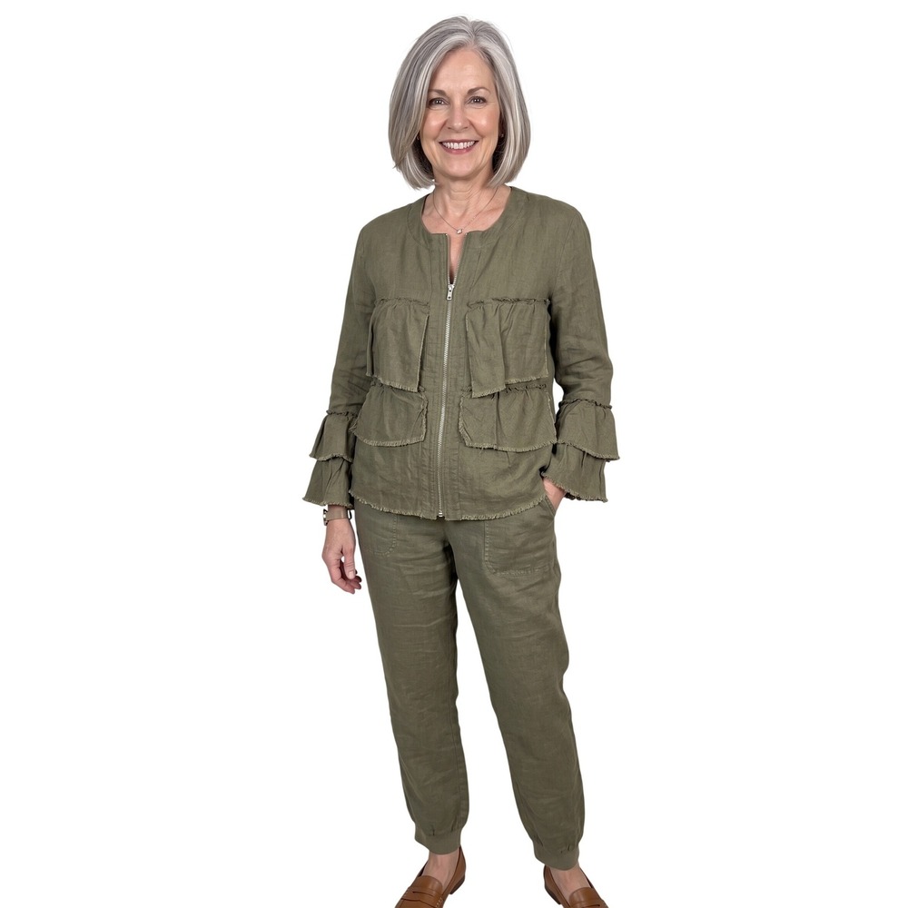 Linen 2 Pc Ruffle Utility Jacket Cargo Jogger Pants Set Olive Green Earthy INC
